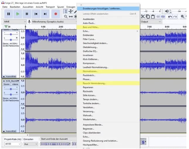 Auschnitt Audacity mit Markierung der wichtigsten Funktionen