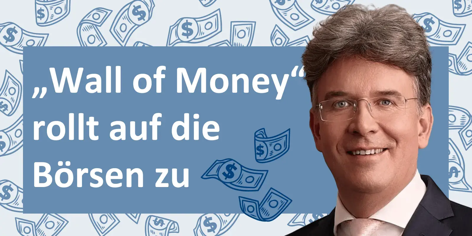 Frank Fischer vor einer Wand aus vielen Dollarscheinen