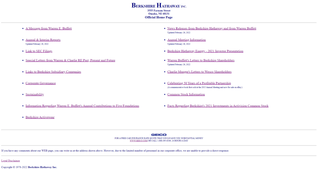 Berkshire Hathaways Webseite besteht nur aus Links