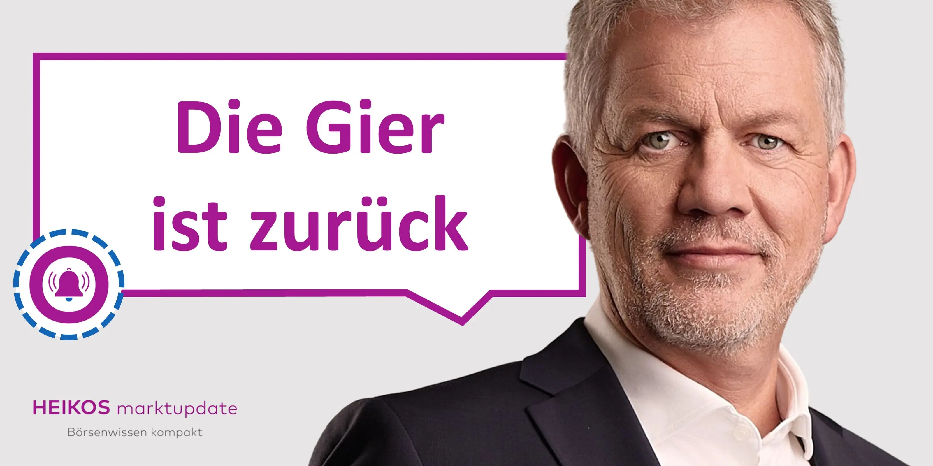 Heiko Böhmer im Anzug und dem Titel Die Gier ist zurück